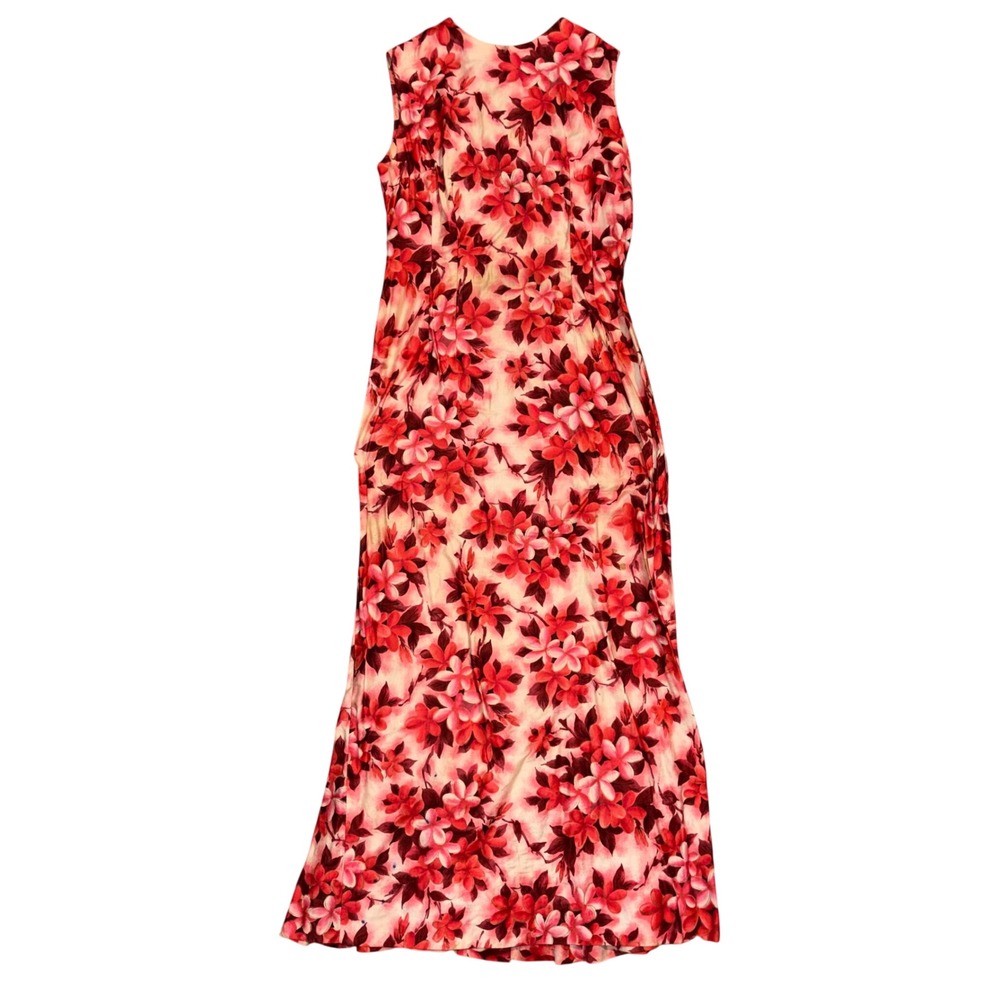 Vintage 60s Red Pink Tropical Floral Maxi Dress‎ Sleeveless Plumeria Print Gown